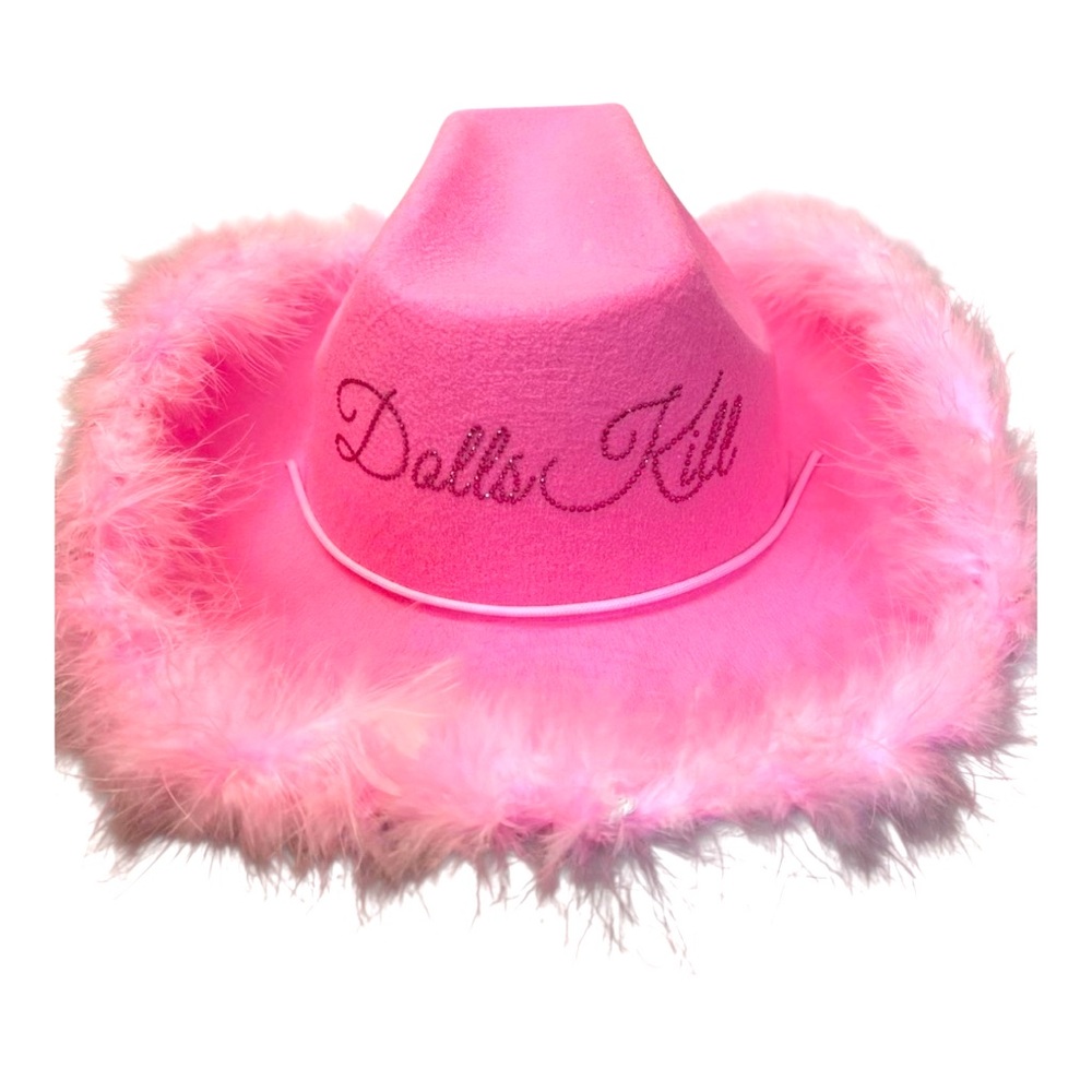 Dolls Kill Rhinestone Logo pink Cowboy Hat with feather trim